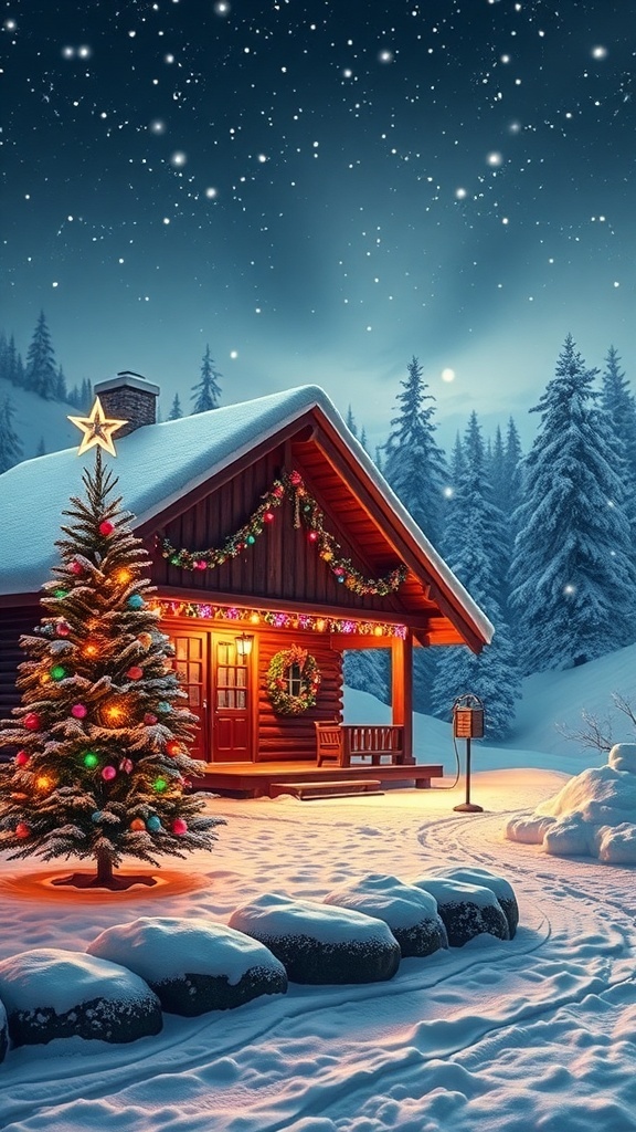 Christmas Aesthetic Wallpaper for PC 1920x1080 Full HD A cozy cabin in a snowy landscape decorated for Christmas, with falling snowflakes and a starry sky.